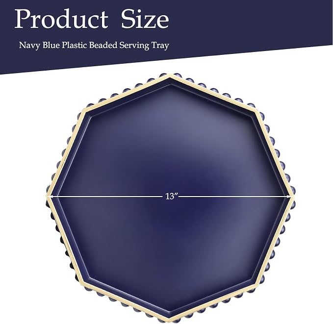 Navy Blue Octagonal Plastic Serving Tray for Coffee Table, Ottoman, Kitchen Counter, Living Room, Outdoor, Lacquered, Contemporary, 13x13x1.57 inches, Polypropylene