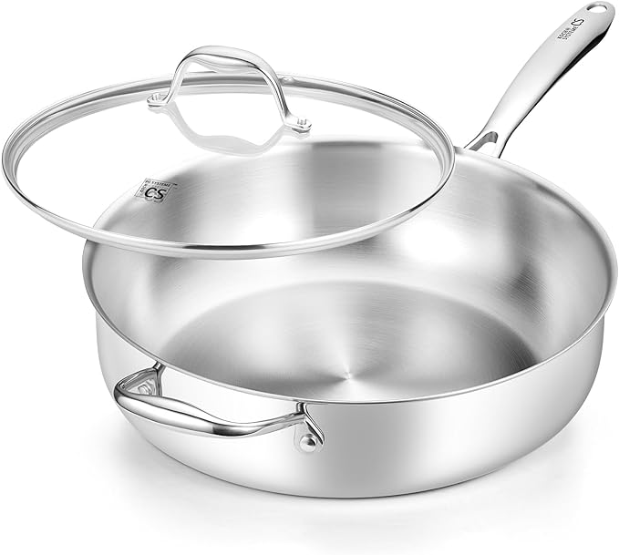 KOCH SYSTEME CS Triply Stainless Steel Saute Pan 12 Inch, 6 Quart Deep Frying Pan with Lid, 18/10 Stainless Steel Pan with Stay Cool Handle, 6QT Large Skillet, Induction Cooking Pan, Oven Safe 600°F