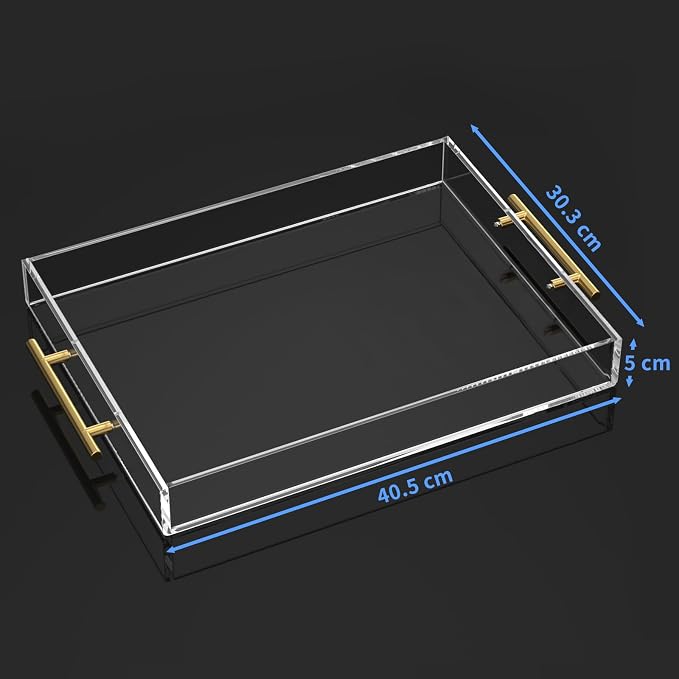 NIUBEE Clear Serving Tray 12x16 Inches - Acrylic Decorative Tray Organiser | Spill-Proof tray with Round Handles for Ottoman Coffee Table Countertop | Decorative Tray for Breakfast in Bed