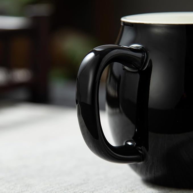 Yundu 12 OZ Brilliant Black Ceramics Teacup with Infuser and Lid, Mug with Lid for Steeping - Stainless Steel Infuser for Loose Leaf Tea, Home Office Gift for Tea Lovers