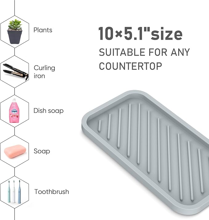 Kitchen Sink Organizer Tray,Sponge Holder for Kitchen Sink Bathroom（Grey） | Counter Tray Sponge Caddy Silicone Soap Holder for Soap Dispenser, Bottle, Dishwashing Accessories(2-Pack)