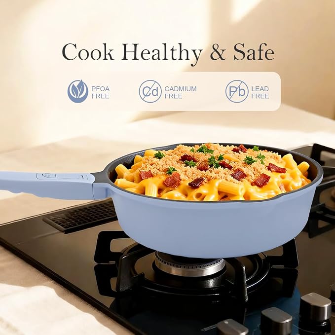 10 Inch Deep Frying Pan Skillet with Lid, Saute Pan Nonstick, Blue | Detachable Handle, Suitable for All Stoves, Including Induction, PTFE & PFAS & PFOA Free, Oven Safe