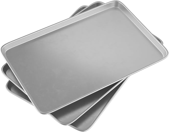 16× 24 Inch Cookie Sheet Pans Set of 3-Baking Tray Jelly Roll Pan Set Commercial Grade Aluminum Coated Statinless Steel Bun Pan for Oven,Freezer,Bakery Hotel Restaurant