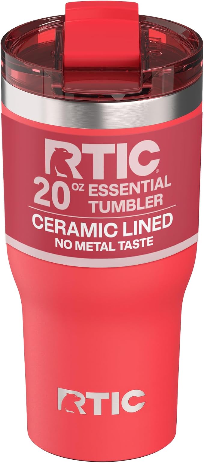 RTIC 20oz Essential Tumbler with Lid, Ceramic Lined, Flag Red | Insulated, Stainless Steel Metal, Portable Travel Cup for Hot and Cold Drinks, Coffee, Car, Camping and Travel