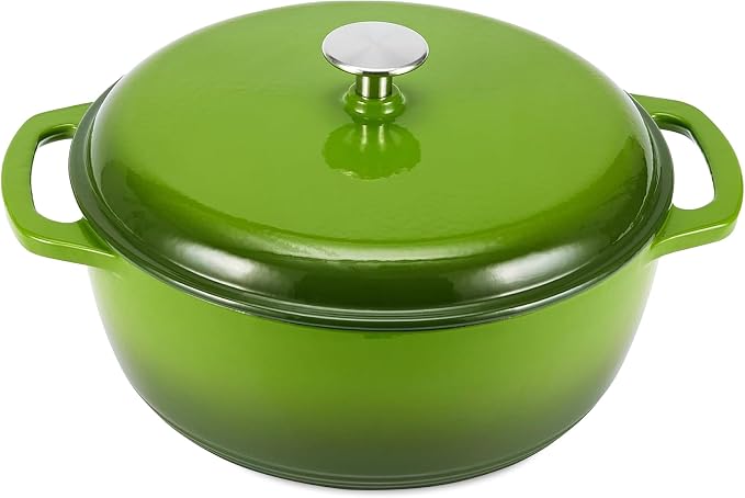 Amazon Basics Enameled Cast Iron Dutch Oven Pot with Lid, Round, Dual Handles, Heavy-Duty, Oven Safe for Stews, Roasting, Baking, 4.3-Quart, Small, Green