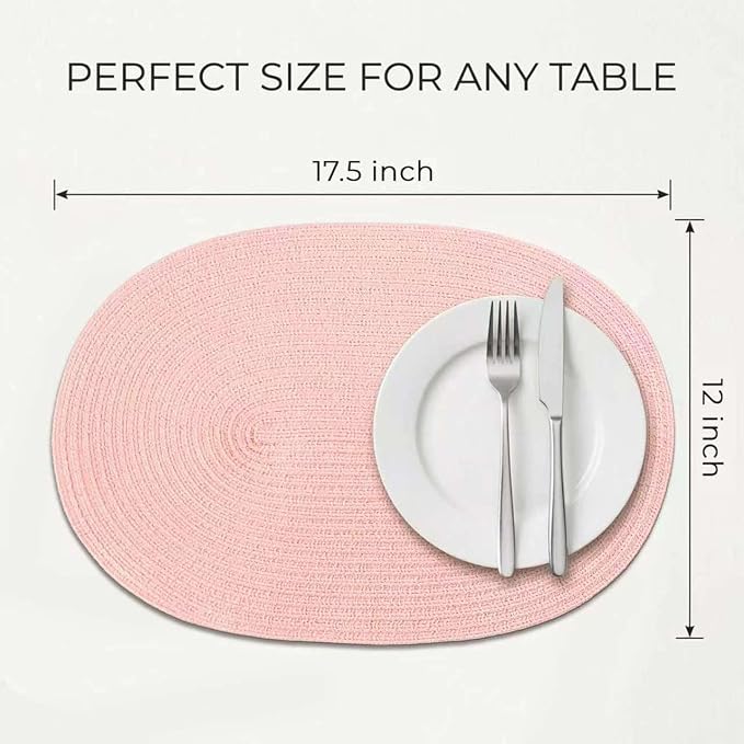 Placemats Set of 6, Woven Oval Braided Dining Table Mats(Blush Pink) | 12 x 17.5 Inch Size Fits Plates and Flatware; Hand Washable and Heat Resistant for Kitchen Use, with Farmhouse and Boho Style