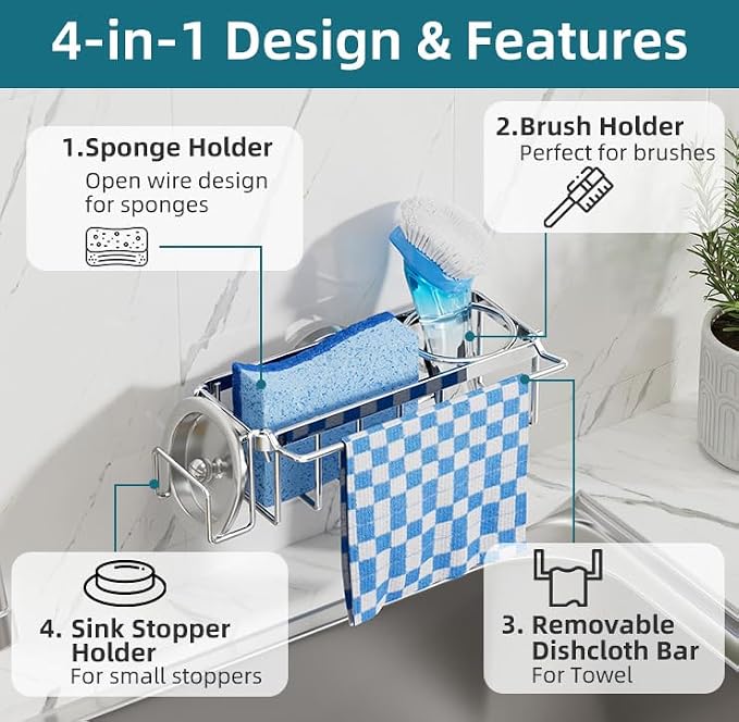TAILI 4-in-1 Sink Caddy for Kitchen Sink with Strong Suction Cup-Silver | Removable Sponge Holder for Kitchen Sink Organizer, Rustproof 304 Stainless Steel Holder for Sponge, Brush, Scrubber, Scraper