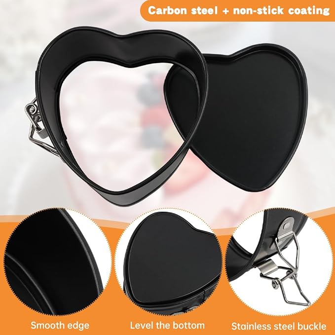 4 Inch Heart Springform Pans, Set of 4 Baking Pan | Mini heart shaped springform pans with removable bottoms and nonstick carbon steel; oven safe to 450F
