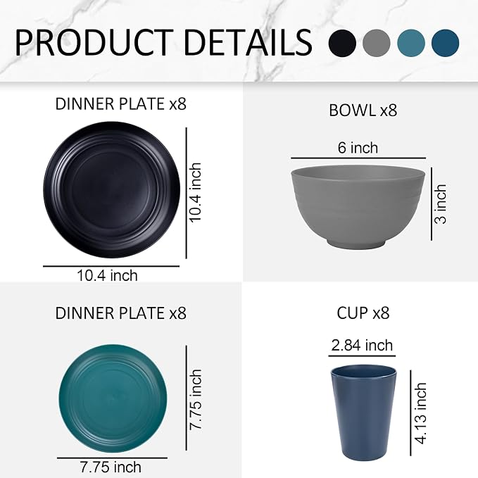 32 Pcs Assorted Colors Wheat Straw Dinnerware Set for 8 Camping | Includes Plates,Bowls & Cups In Multi Colors (Dark Blue,Green,Grey,Black),Unbreakable Heavy-Duty Plastic for RVs & Parties