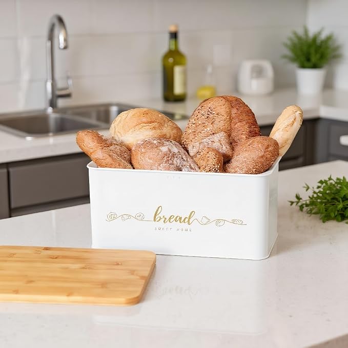 Bread Box with Bamboo Cutting Board Lid, Metal Bread Box for Kitchen Counter, Small Bread Storage Container, Cream Bread bin for Kitchen Countertop