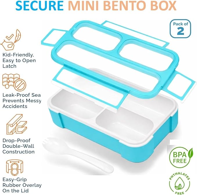 kinsho Small Snack Box Container for Kids Toddlers, Set of 2 (Coral+Blue) | 3 Compartments, Leak-Proof, Spill Proof, BPA-Free Reusable Small Mini Bento Lunch Box for Daycare School Travel, Holds 2 Cups