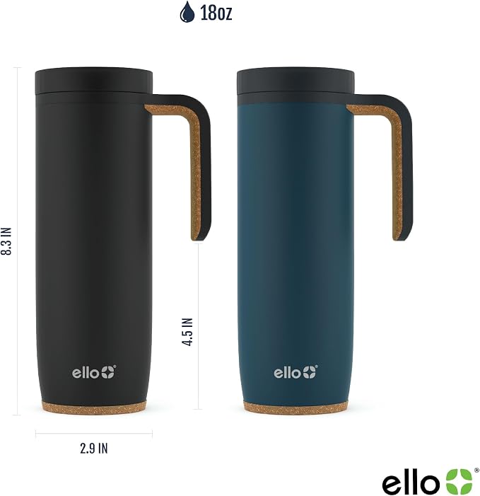 Ello Magnet 18oz Insulated Stainless Steel Travel Mug with Handle, Matte Black