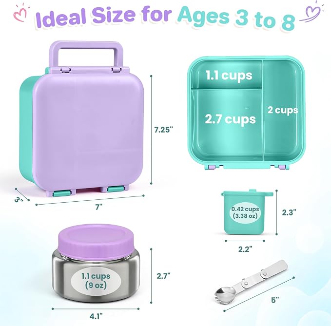 Bento Box for Kids, Lunch Box with Thermo(9oz Food Jar), Silicone Sauce Cup, Stainless Steel Spoon & Removable Divider, Kids Lunch Box Set for Girls Boys Back to School, Purple/Blue