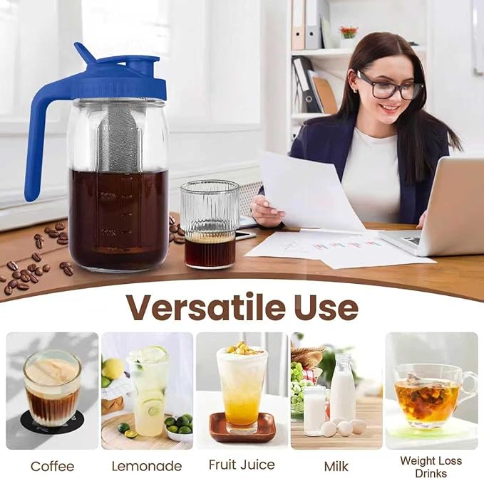 Cold Brew Coffee Maker, 32 oz Mason Jar Pitcher with Stainless Steel Filter, Pour Spout Handle Lid, Heavy Duty Glass Airtight & Leak-Proof for Iced Coffee,Tea & Lemonade