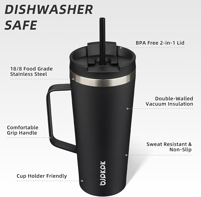 BJPKPK 22oz Insulated Tumbler with Handle, Lid & Straw, Stainless Steel | Double Wall Vacuum Insulated Coffee Travel Mug - Keeps Cold & Hot, BPA Free, Cupholder Fit for Office, Gym & Travel