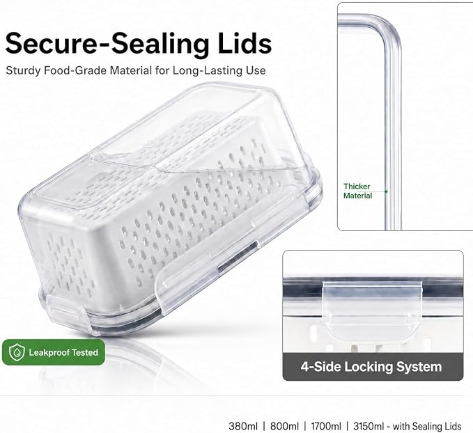 Fruit Storage Containers for Fridge with Lids, Fridge Organizers and Storage Produce Saver Box with Removable Drain Basket for Fruit Berry Salad Vegetable Meat, 380ml to 3150ml (4 Pack)