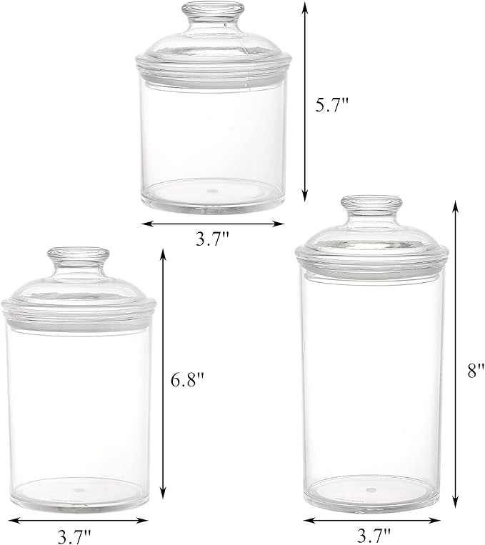 Lyellfe 3 Pack Acrylic Apothecary Jars, Vanity Canister with Airtight Lid | Bathroom Cotton Swab Holder, Clear Storage Jar for Candy, Bath Salt, Cotton Ball, 34 oz, 25 oz, 17 oz