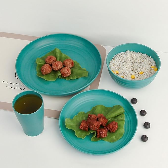 4pcs Unbreakable Wheat Straw Dinnerware Sets with Cutlery Set, Reusable Lightweight Green Microwave Dishwasher Safe Tableware for Travel，Camping，Kitchen,RV,Apartment,Dorm,Party