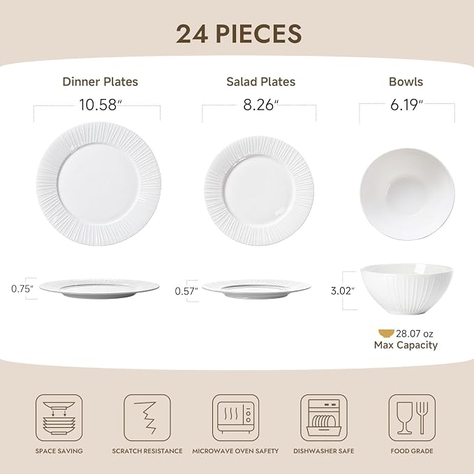 24Pc Textured White Bone China Set Service for 8 | Lightweight porcelain plate & bowl set. Microwave & dishwasher safe for daily family meals, restaurants, or gifting.