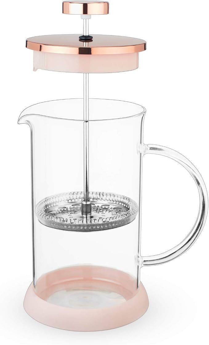 Pinky Up Riley Mini Glass Tea Press Pot, Coffee Maker, French Press for Loose Leaf Tea and Coffee, Hot or Iced Beverage Brewer, 12 oz, Pink