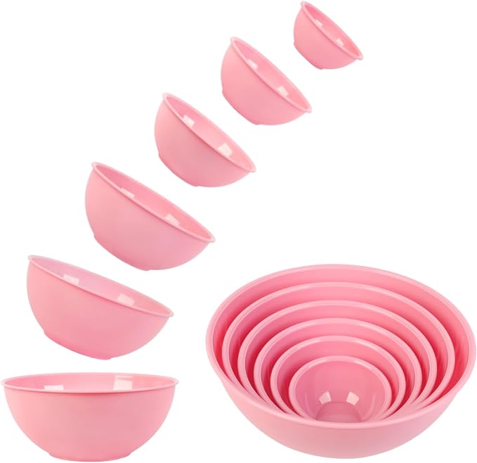 BoxedHome BPA Free Plastic Round Mixing Bowl with Lids, 12 Pack Nesting Bowls with Lids Set, Microwave and Dishwasher Safe Prep & Serving Bowls Great for Mixing, Baking, Serving (Pink, 12pcs)
