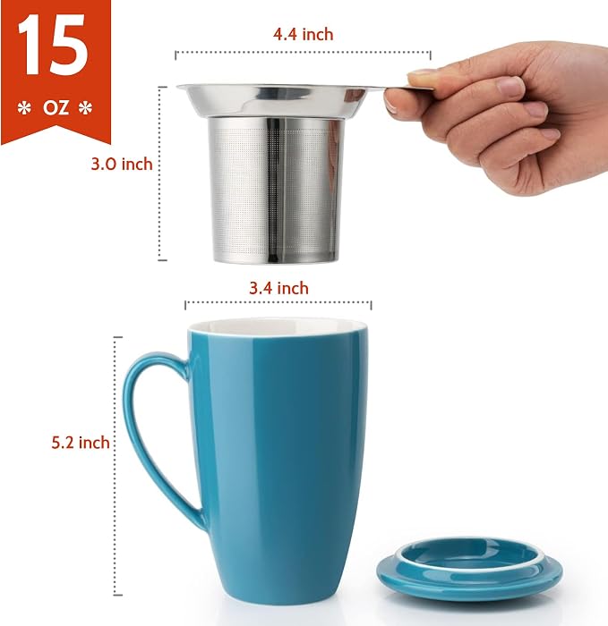 Sweese 15 OZ Porcelain Tea Mug with Infuser and Lid, Loose Leaf Tea Cup, Gifts for Tea Lover, Steel Blue