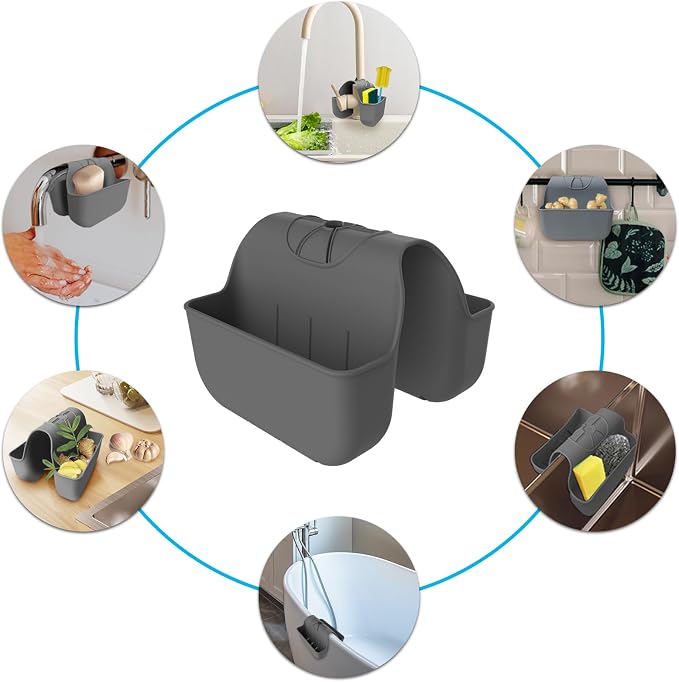 Sponge Holder for Kitchen Sink, Silicone Sink Saddle Caddy Organizer Rack, Sponges Holder Over Faucet, Hanging Kitchen Organizer Accessories Rack Basket - Dark Gray