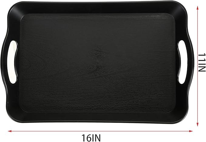 Cedilis 3 Pack Black Serving Trays with Handles,16 x 11IN Rectangular Non Skid Multi-Purpose Plastic OttomanTray for Restaurant, Parties, Coffee Table, Kitchen
