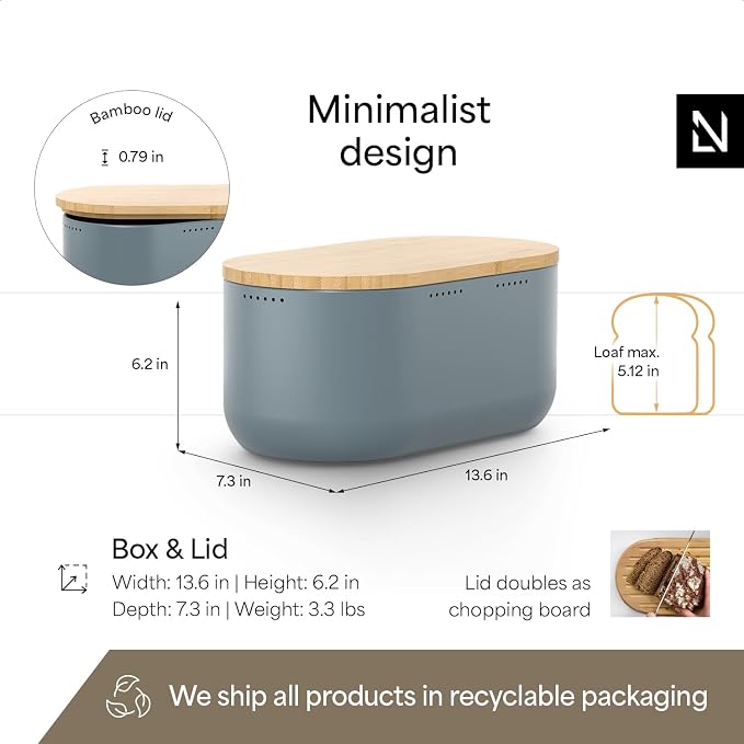 LARS NYSØM Bread Box I Metal bread box for long lasting freshness with non-slip pads I Baked goods Bin with bamboo lid usable as cutting board I 13.6x7.3x6.2in (Stone Blue)