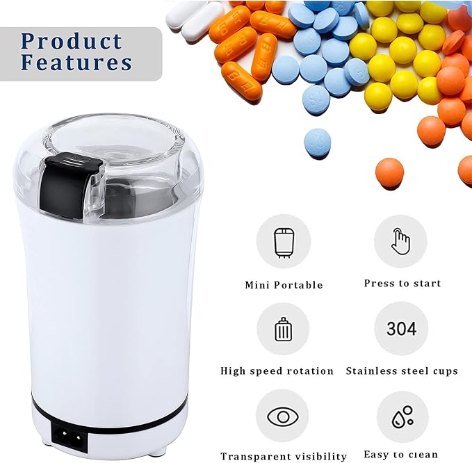 Multifunctional Electric Pill Crusher Grinder- Grind The Medicine and Vitamin or Coffee Beans Tablets of Different Sizes into Fine Powder-Grinder for Feeding Tubes, Children or Pets (White)