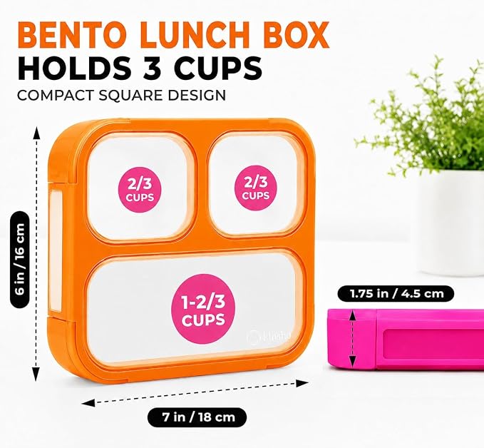 kinsho Bento Box for Kids, Toddler Lunch Boxes Snack Container for Small Boys Girls School Daycare, Leakproof 3 Compartments, Adult Portion Control Snacks, BPA Free. Medium Orange Pink 2 Pack