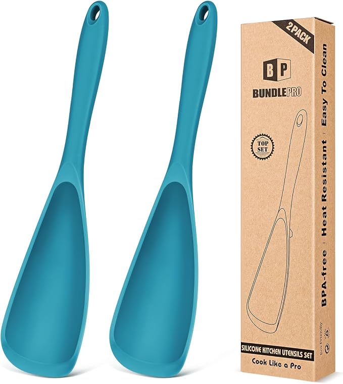Pack of 2 Cooking Spoons for Non Stick Cookware, Multifunction Spatula Spoon BPA-Free, One-Piece Design, Suitable for Scooping, Scraping, Serving and Mixing (BLUE-BLUE)