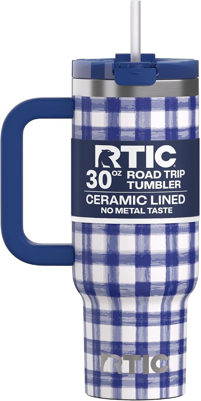 RTIC 30 oz Road Trip Tumbler Double-Walled Ceramic Lined InsulatedStainless Steel Portable Travel Coffee Mug Cup with Lid, Handle and Straw, Cobalt Gingham