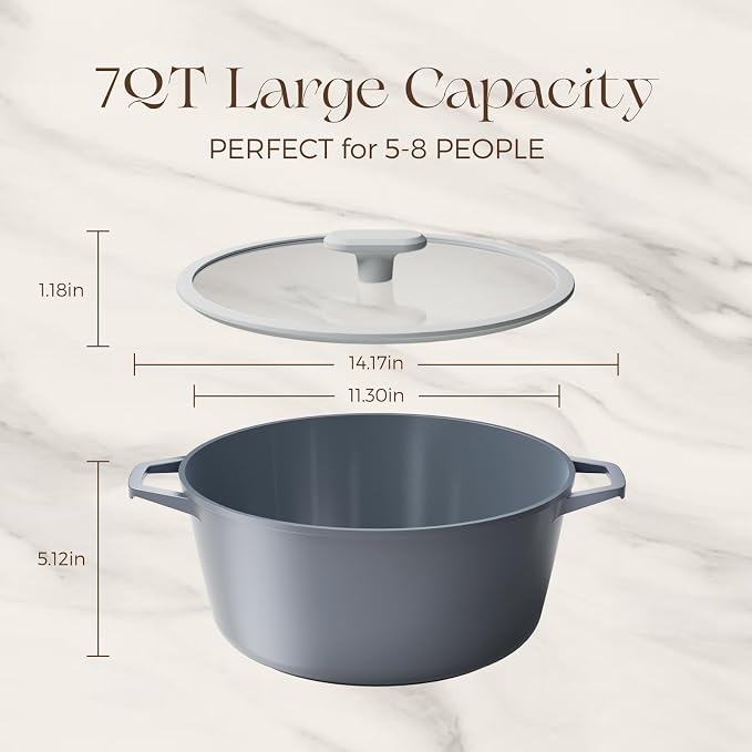 PRICUSIS Ceramic Nonstick Stock Pot with Silicone Rim Glass Lid, 4.5/7 QT Soup Pot Casserole, Cooking Pot, Induction Compatible, Dishwasher & Oven Safe, Ideal for Pasta, Bake & Stews, Blueberry Gray