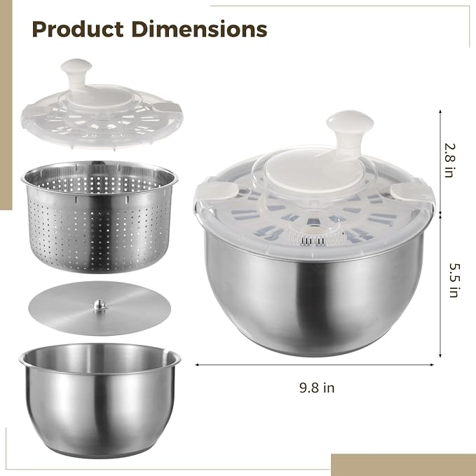 Large Stainless Steel Salad Spinner, Lettuce Spinner Vegetable Strainer Set | Fruit Straining Spinner with Self-Locking Lid, Kitchen Strainers, Dishwasher Safe