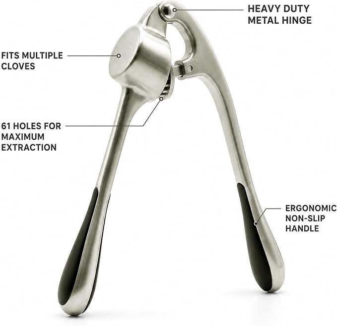 Heavy Duty Garlic Press with Zinc Alloy Handle & Stainless Steel Chamber, 61 Holes Garlic Mincer & Crusher, No Peeling Required, Includes Silicone Garlic Peeler & Cleaning Brush, Silver