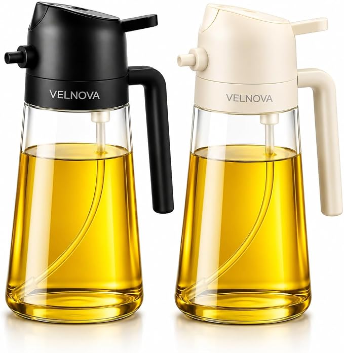 Olive Oil Sprayer for Cooking, 2 Pack 16oz/470ml Glass Oil Sprayer & Dispenser Bottle, 2 in 1 Oil Mister for Air Fryer, Salad, BBQ, Kitchen, Vinegar, Soy Sauce, Leakproof, BPA Free