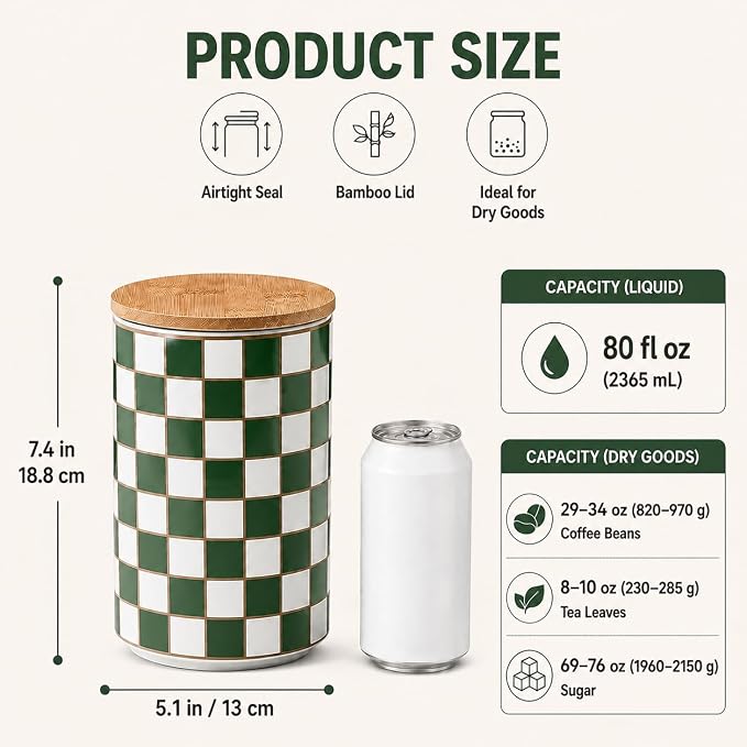 Kitchen Countertop Ceramic Checkered Canisters,Black And White Food Storage Containers With Lid,Airtight Kitchen Canisters for Flour, Sugar, Coffee, Tea, and Dry Goods (Green, XL)