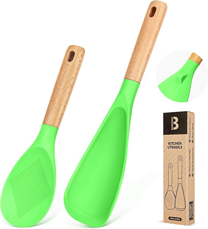 Cooking Spoon and Rice Scooper for Nonstick Cookware,Multi-function | Great for Cooking and Serving, Sturdy BPA-Free Matte Silicone, Wood Handle Spoon for Mixing, Scoop, and Scrape,9.3"+14.3"