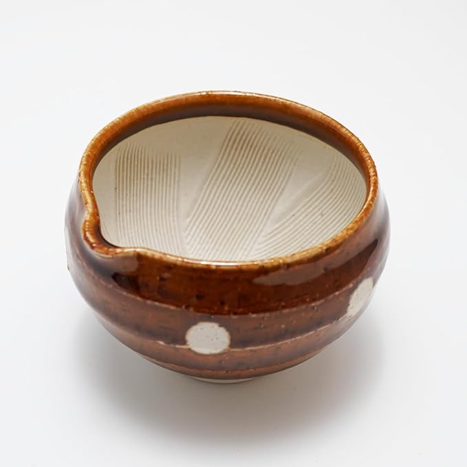 Traditional Japanese Mini Sesame Seed Grinder with Pestle - Mino Takada-yaki Ceramic - Deep Amber - Ideal for Dressings and Sauces (Candy Polka Dot Brown)