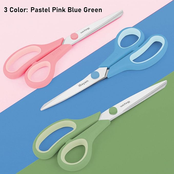 iBayam 8.5" Pastel Scissors All Purpose Heavy Duty 3Pack, 2.5mm Sharp Blade | Soft Comfort-grip | Left/Right Handed | Cuts cardboard, fabric, vinyl & leather | office, classroom, school & craft desk