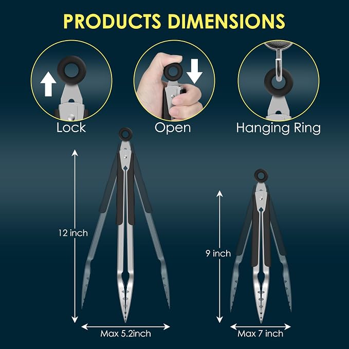 Hotec Stainless Steel Kitchen Tongs, Set of 2-9" and 12", Locking Metal Food Tongs for Cooking, Serving, BBQ, Grill Non-Slip Grip