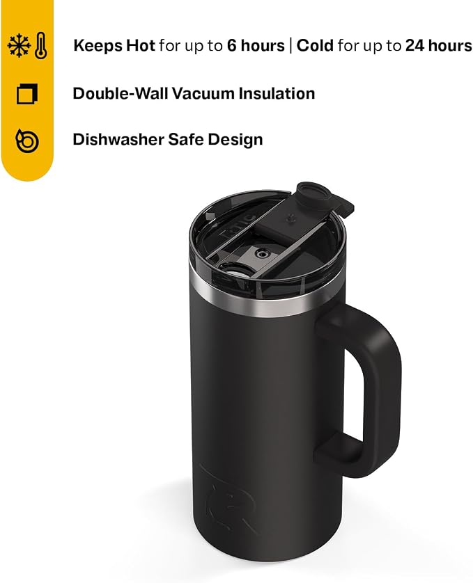 RTIC 16oz Road Trip Travel Mug with Lid and Handle, Ceramic Lined, Black | Stainless Steel Metal, Insulated Travel Cup for Hot and Cold Drinks, Coffee, Car, Camping and Travel