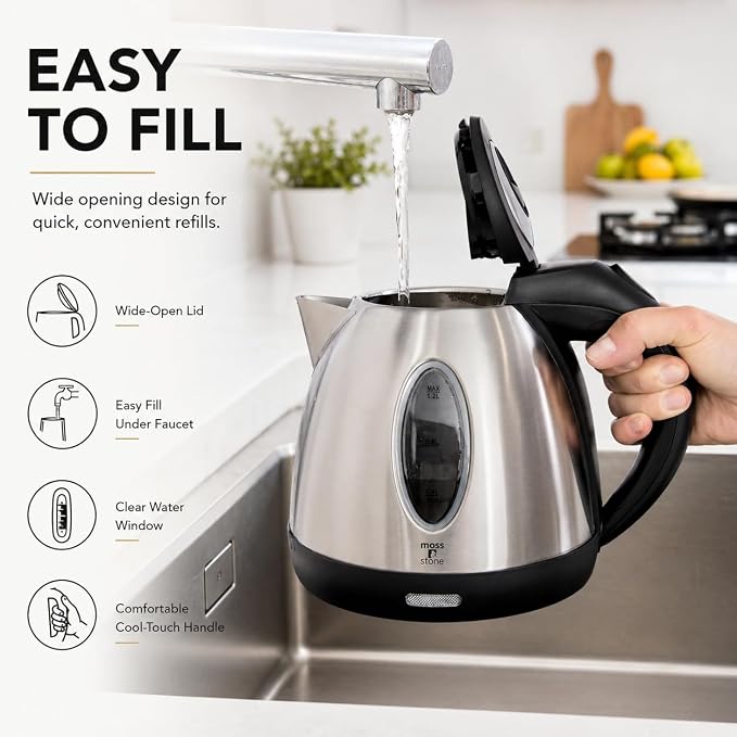 Moss & Stone Stainless Steel Electric Kettle, 1.2L Cordless 1500W | Small, portable hot water tea kettle, fast boiling pot, boil-dry protection, auto shut-off, blue Illuminate LED light