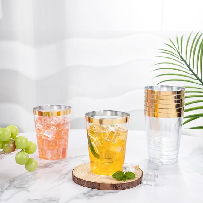 I00000 60PCS Gold Plastic Cups, 10 oz Clear Disposable Cups with Golden Trim, Heavy-Duty Disposable Hard Plastic Wine Glasses Cocktail Glasses Perfect for Wedding & Party