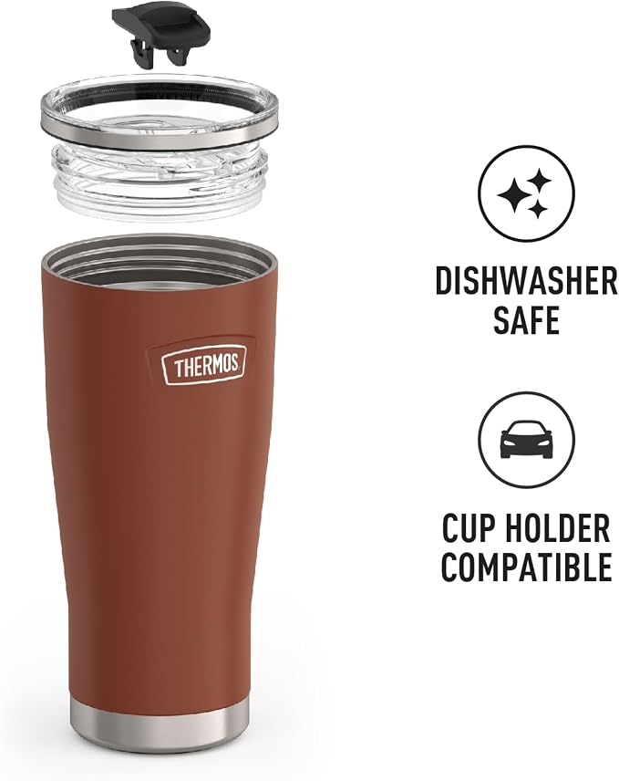 THERMOS Icon Series 24oz Stainless Steel Tumbler with Slide Lock Lid, Leakproof, Fits Cupholder, Dishwasher Safe, Griptec™ Non‑Slip Base, Keeps Drinks Hot 6 Hrs/Cold 22 Hrs, Saddle