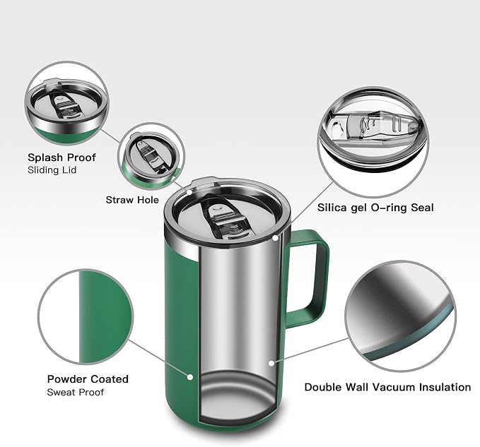 KXIAOCHEN 20 oz Insulated Coffee Mug, Coffee Cup with Lid and Wide Handle | 18/8 stainless steel, 6+ hours hot or 12+ hours cold, wide mouth, no-sweat exterior, for office, work, home and camping
