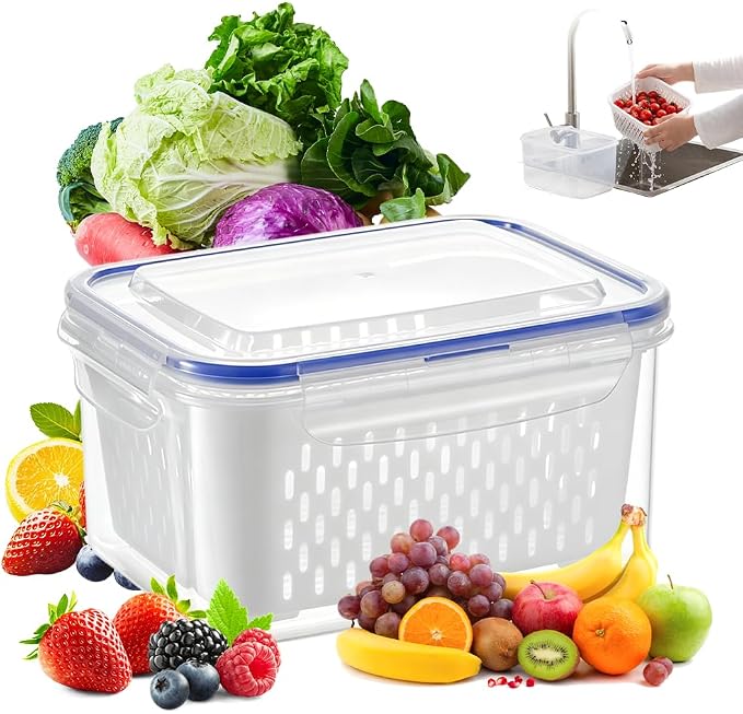 Fruit Storage Containers for Fridge, 2026 New Airtight Produce Storage Containers with Lids, Stackable Refrigerator Organizer Bins for Berries, Vegetables, Lettuce, Grapes (Blue, Medium)