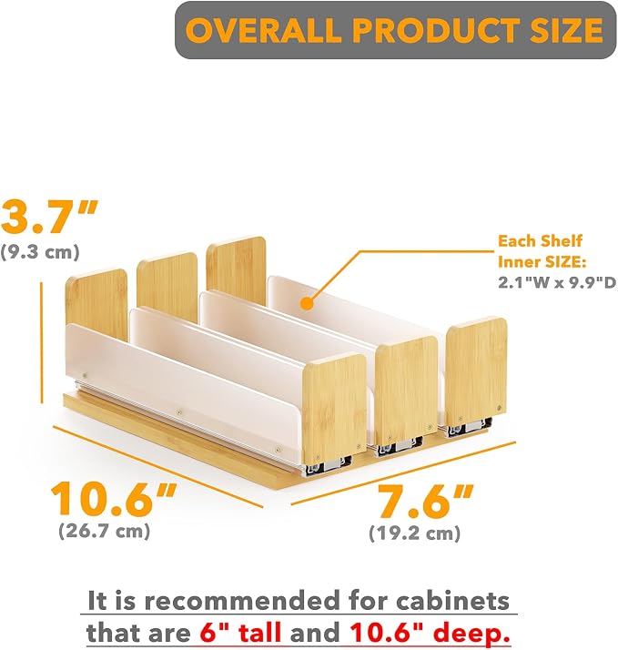 SpaceAid Bamboo Pull Out Spice Rack Organizer for Cabinet, Heavy Duty Slide Out Seasoning Kitchen Pantry Sliding Vertical Organization, 7.6" Wide, 3 Drawers(2" Wide), 1-Tier, Natural