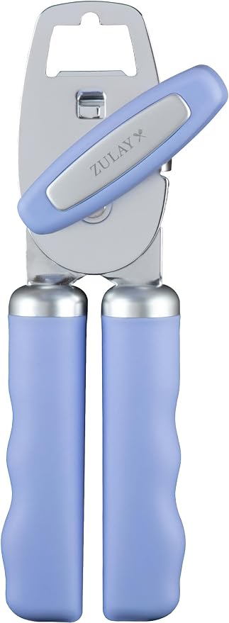 Zulay Kitchen Heavy Duty Stainless Steel Can Opener Manual with Bottle Opener - Rust Proof Manual Can Opener With Turn Knob & Comfy Soft Grip Handles - Periwinkle